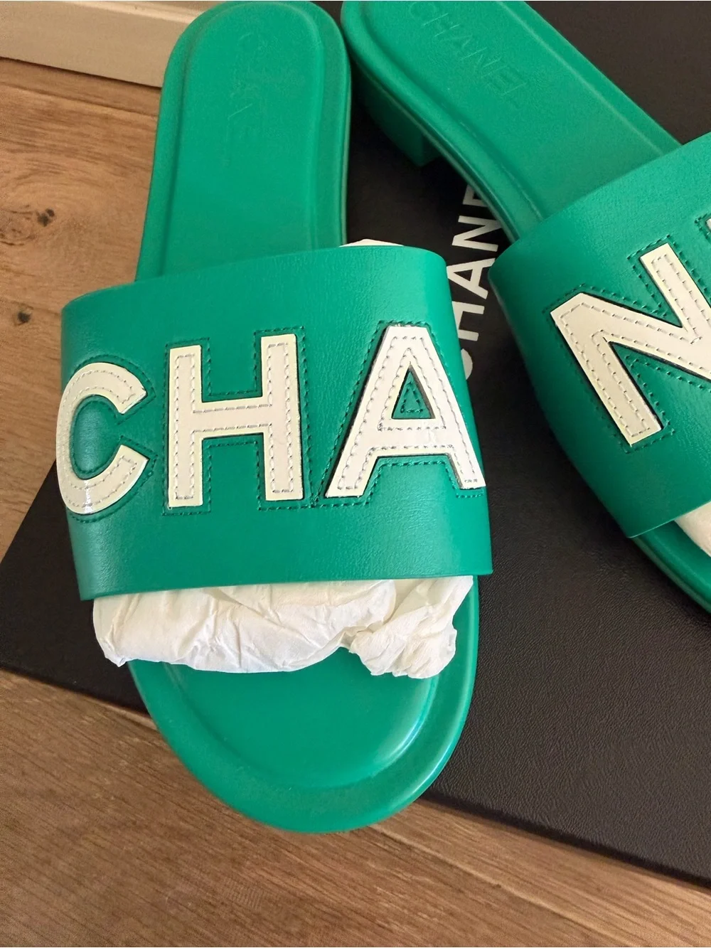 CHANEL Green Slide Sandals with White Logo Panel